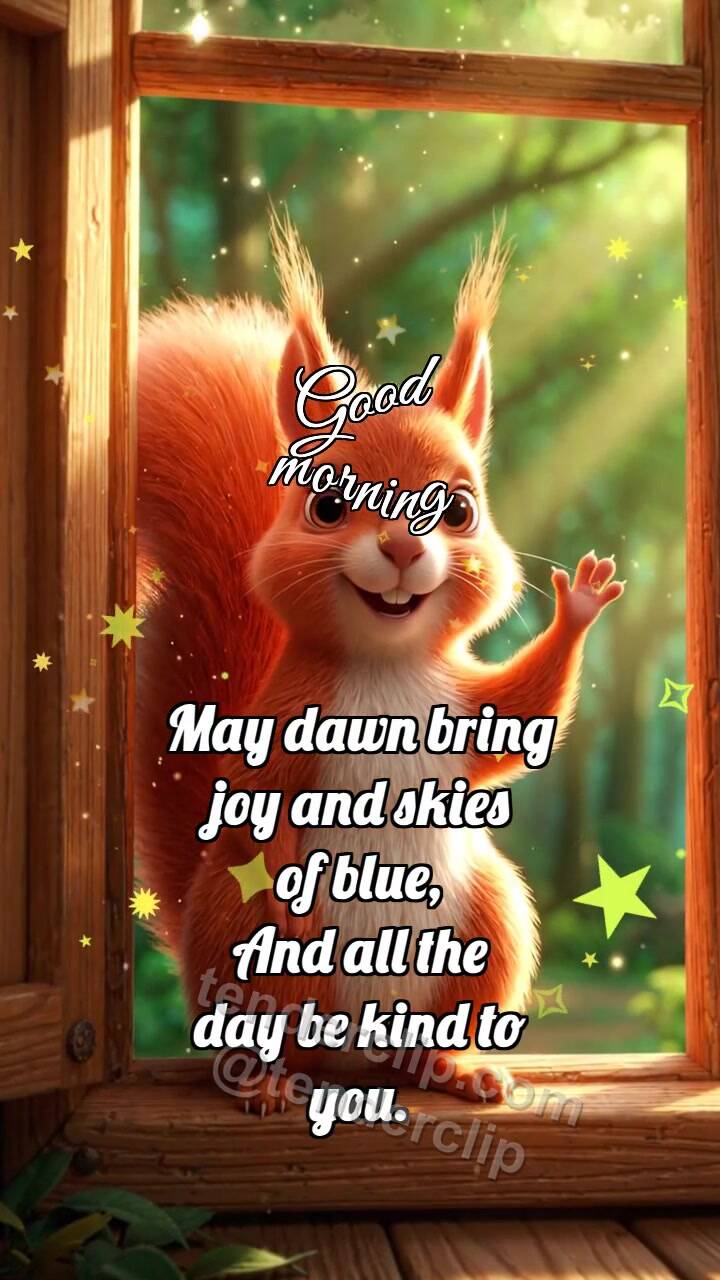 Animated greeting card about Good morning: Squirrel Waves From Window