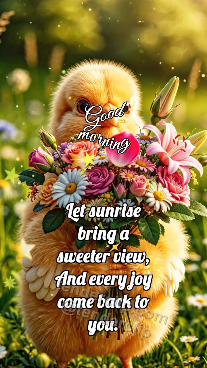 Animated greeting card about Good morning: Chick Holds Bright Bouquet