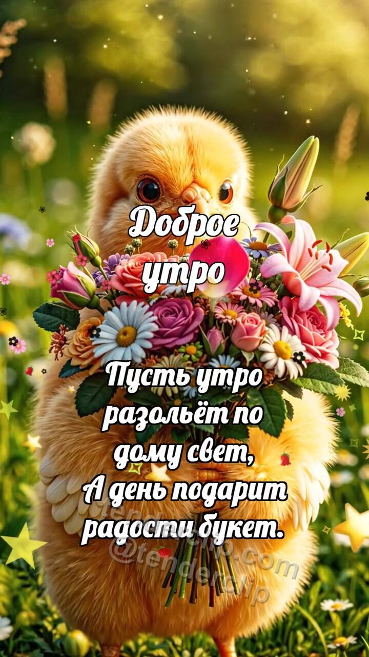 Анимационная открытка на тему Доброе утро: Цыплёнок держит букет дня