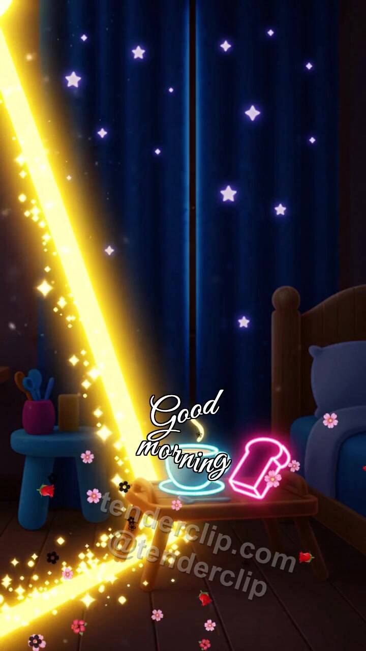 Animated greeting card about Good morning: a sunbeam opens the curtains