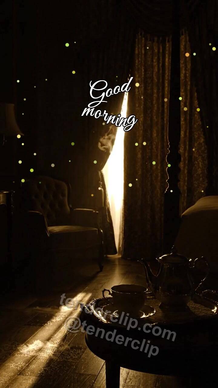 Animated greeting card about Good morning: a sunbeam opens the curtains