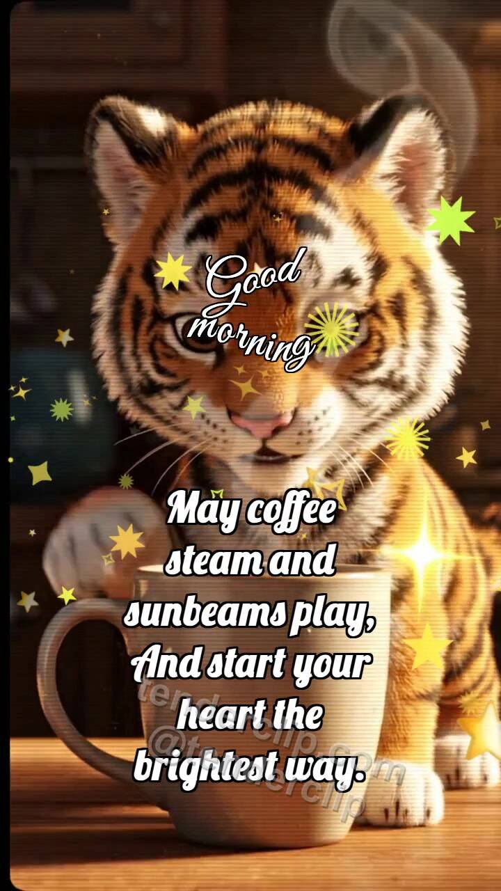 Animated greeting card about Good morning: Tiger Cub By Morning Coffee