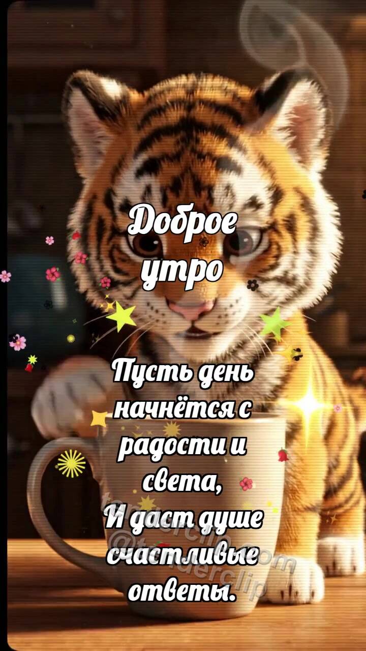 Анимационная открытка на тему Доброе утро: Тигрёнок с утренним кофе