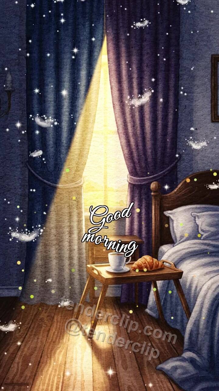 Animated greeting card about Good morning: a sunbeam opens the curtains
