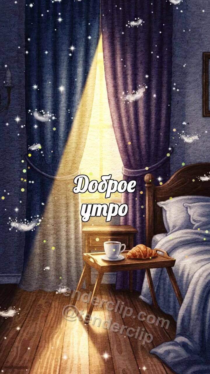 Анимационная открытка на тему Доброе утро: солнечный луч открывает шторы