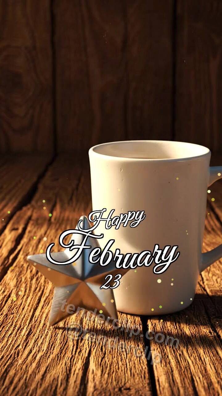 Animated greeting card about Happy February 23: tin star rests beside a mug