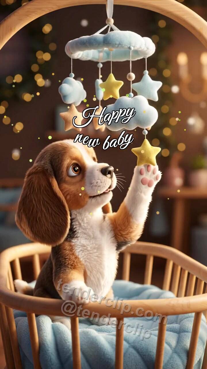 Animated greeting card about Happy new baby: Puppy Rocks Mobile