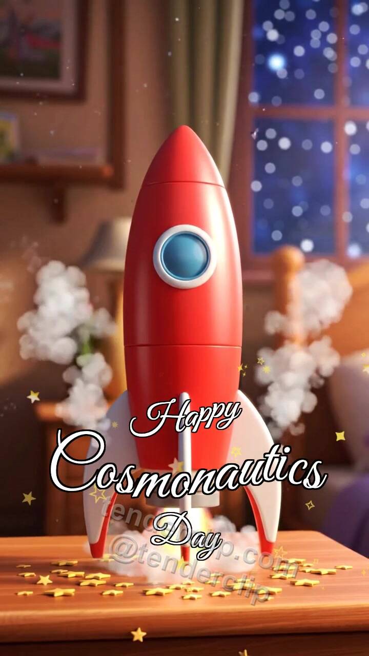 Animated greeting card about Happy Cosmonautics Day: toy rocket lifts from a table