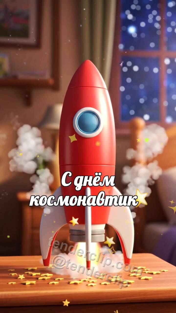 Анимационная открытка на тему С днём космонавтики: игрушечная ракета взлетает со стола
