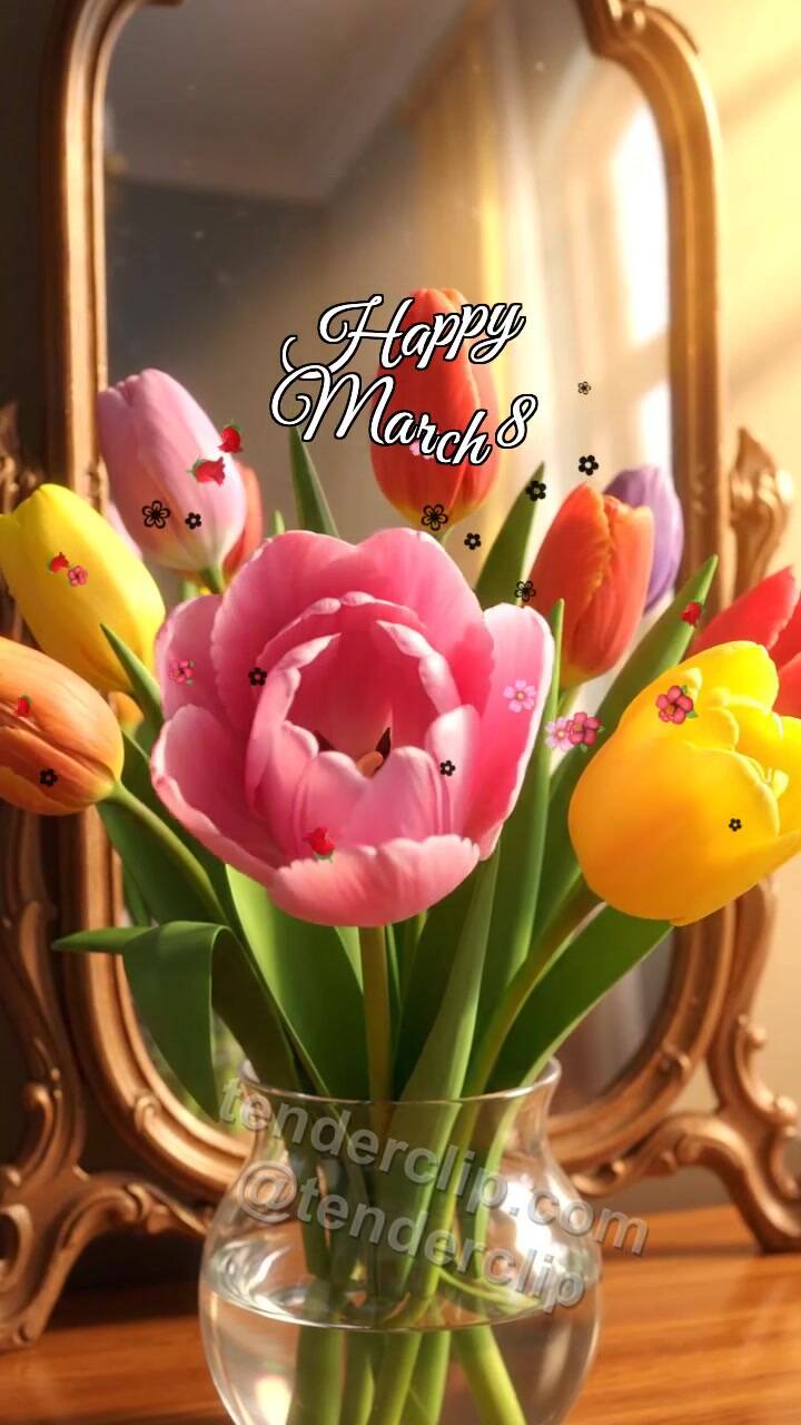 Animated greeting card about Happy March 8: tulips open in front of a mirror