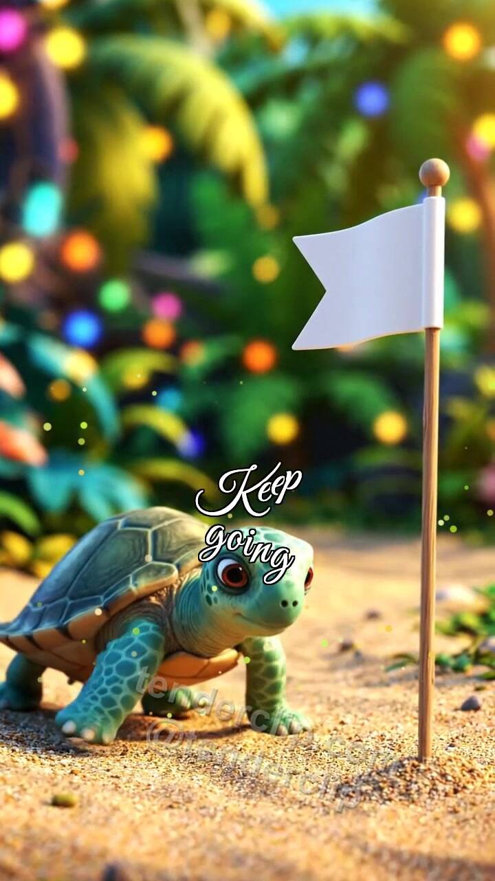 Animated greeting card about Keep going: turtle reaches the flag