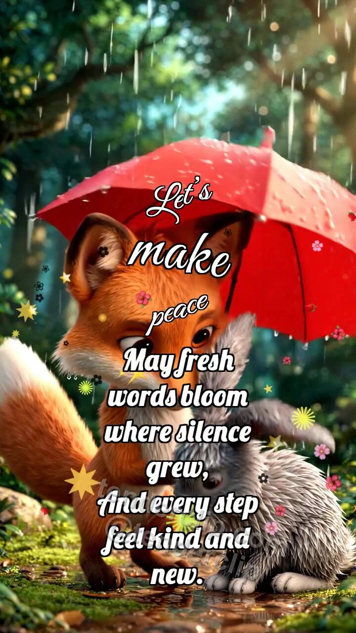 Animated greeting card about Let’s make peace: Fox Cub Shares Umbrella
