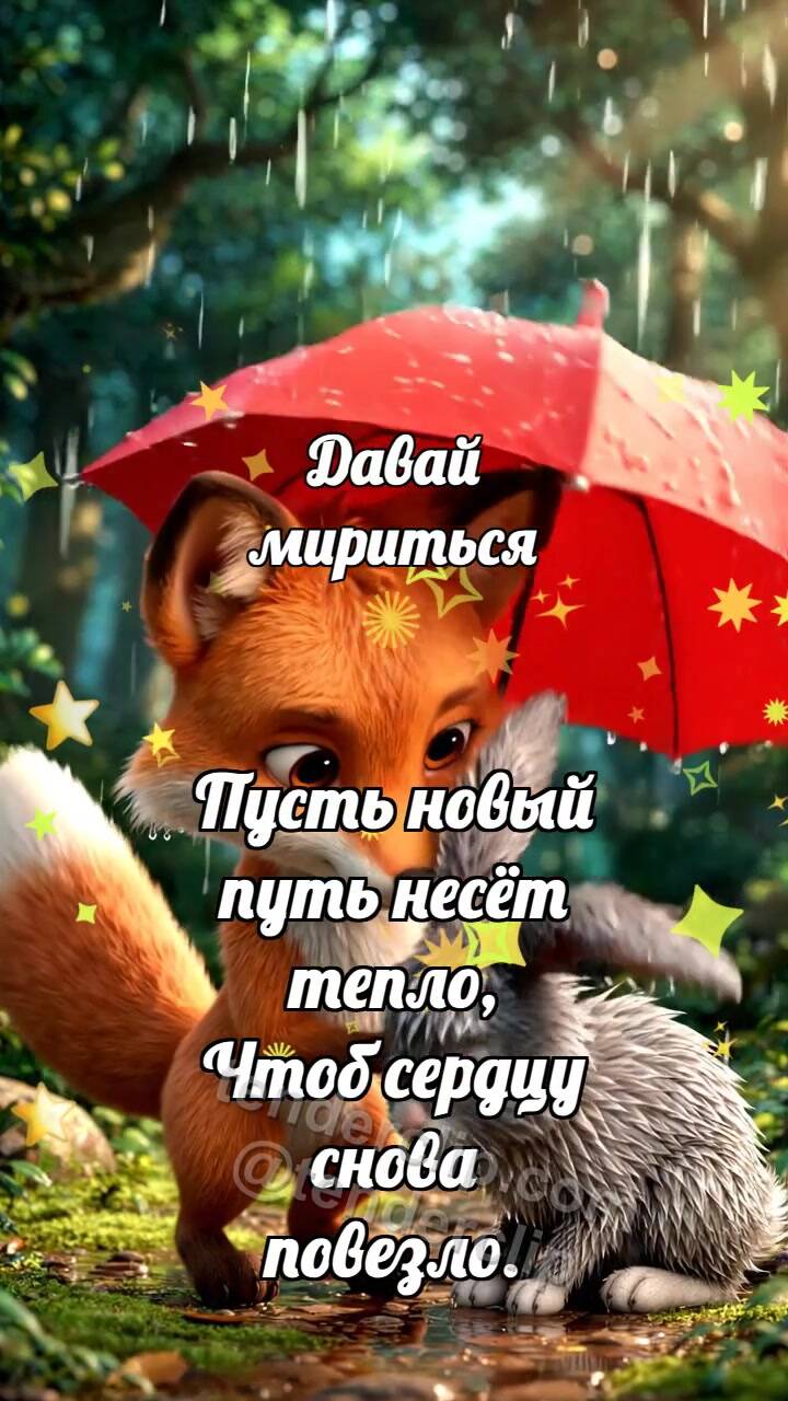 Анимационная открытка на тему Давай мириться: Лисёнок делит зонтик