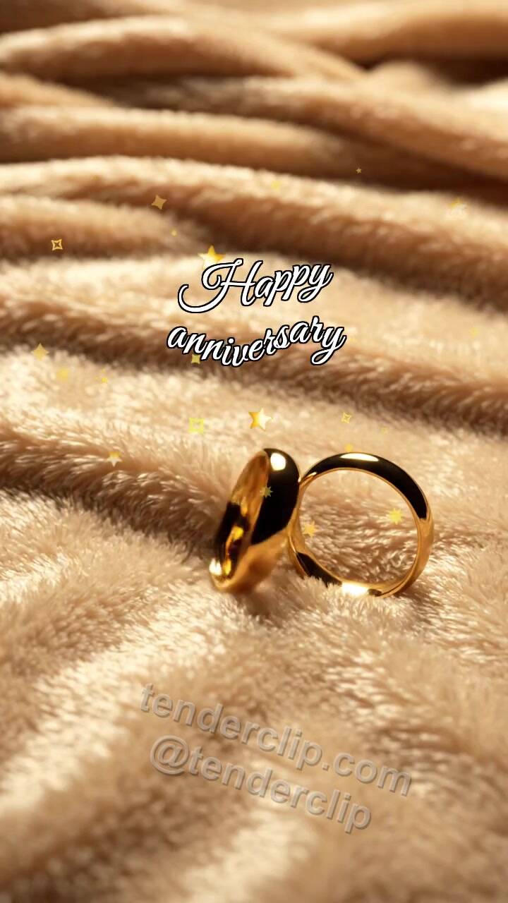 Animated greeting card about Happy anniversary: two rings meet on fabric
