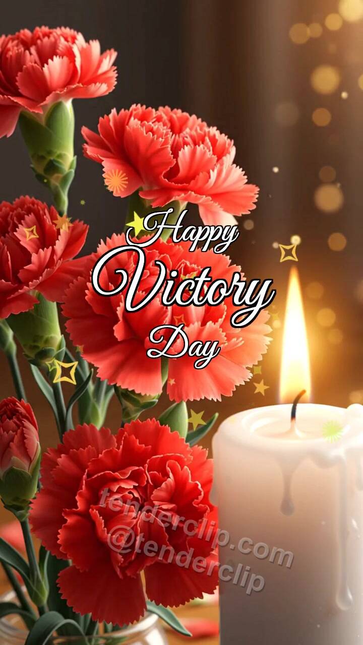 Animated greeting card about Happy Victory Day: carnations rest beside a candle