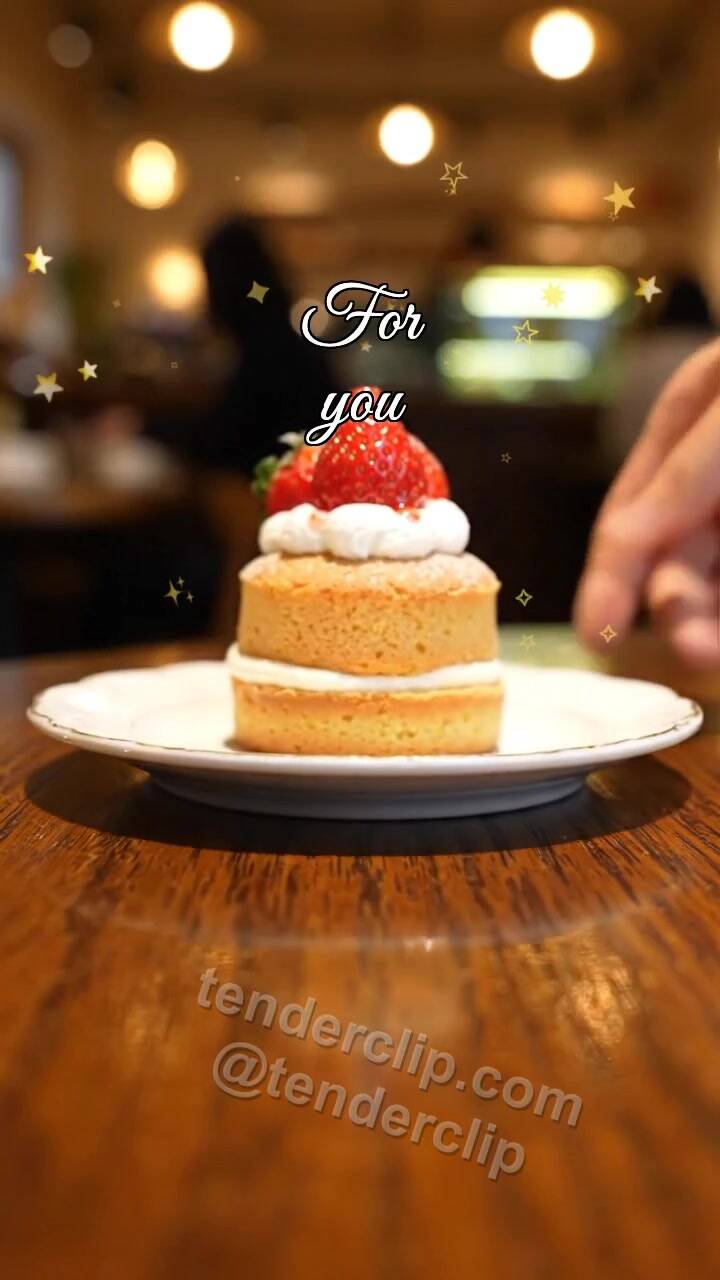 Animated greeting card about For you: dessert slides across a cafe table toward the viewer