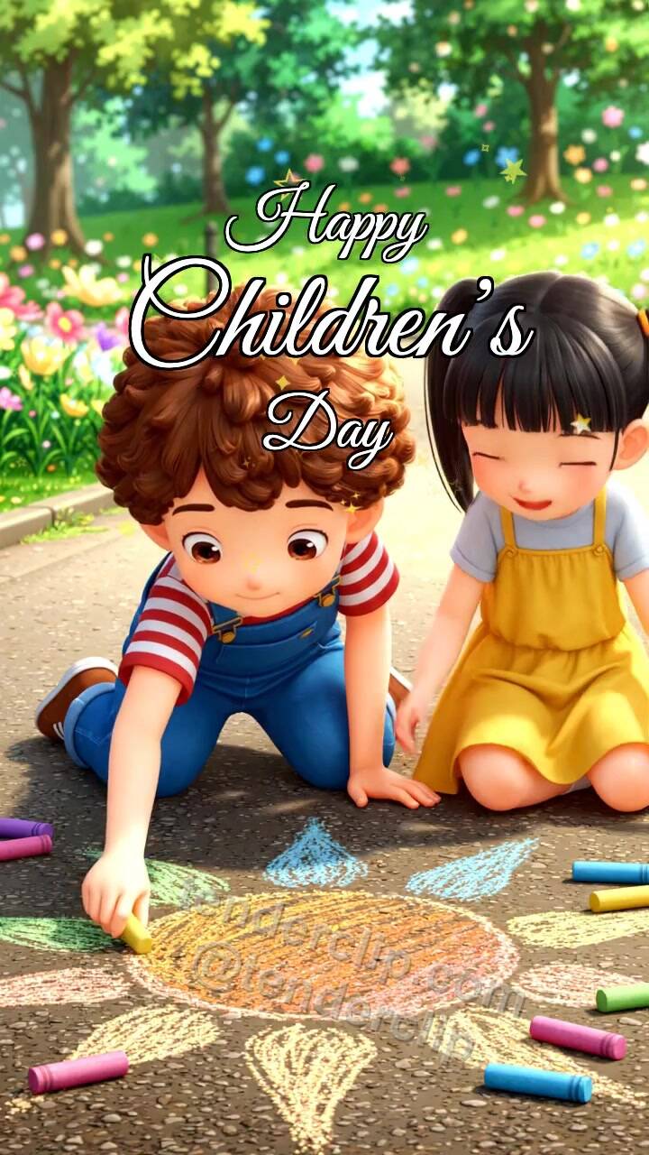 Animated greeting card about Happy Children’s Day: children draw a chalk sun