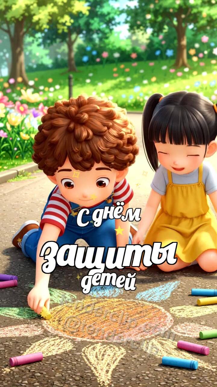 Анимационная открытка на тему С днём защиты детей: дети рисуют солнце мелом