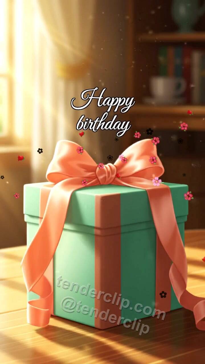 Animated greeting card about Happy birthday: gift box reveals a surprise