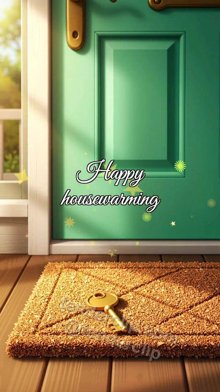 Animated greeting card about Happy housewarming: key lands near a door