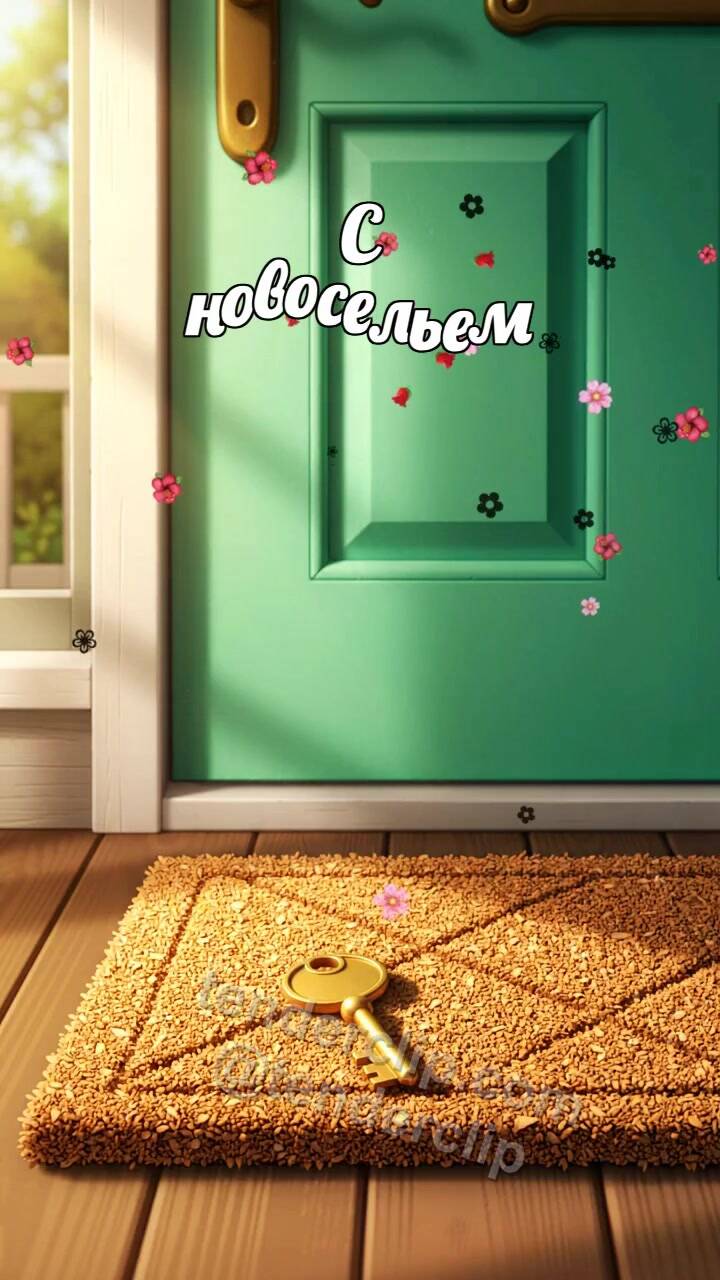 Анимационная открытка на тему С новосельем: ключ ложится у двери