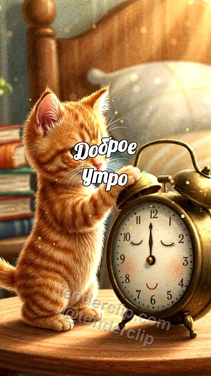 Анимационная открытка на тему Доброе утро: котёнок будит будильник