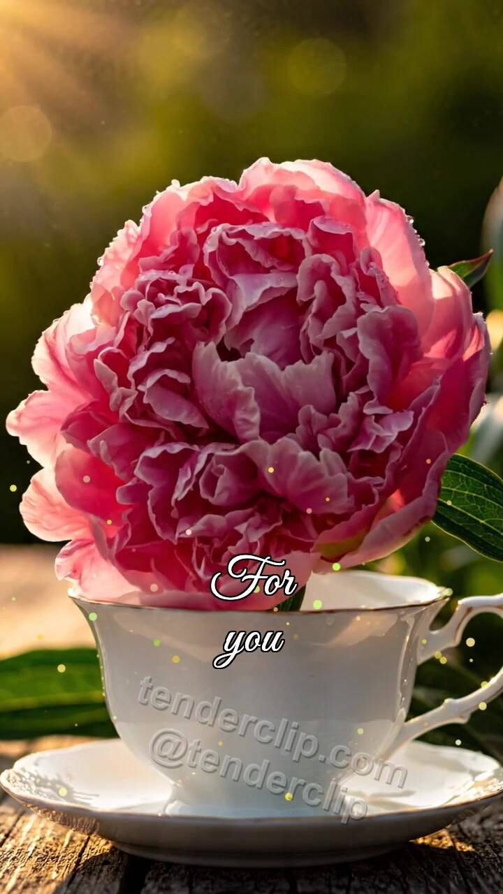 Animated greeting card about For you: flower opens beside a cup