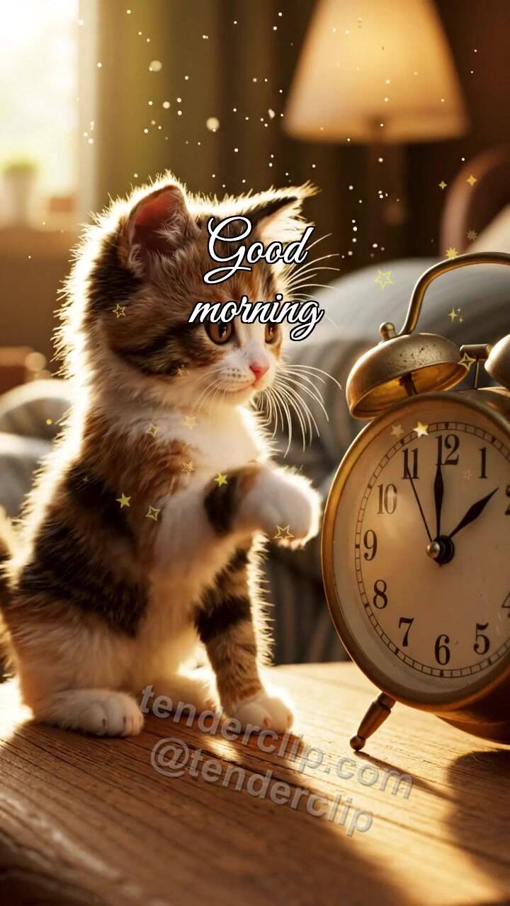 Animated greeting card about Good morning: a kitten wakes the alarm clock