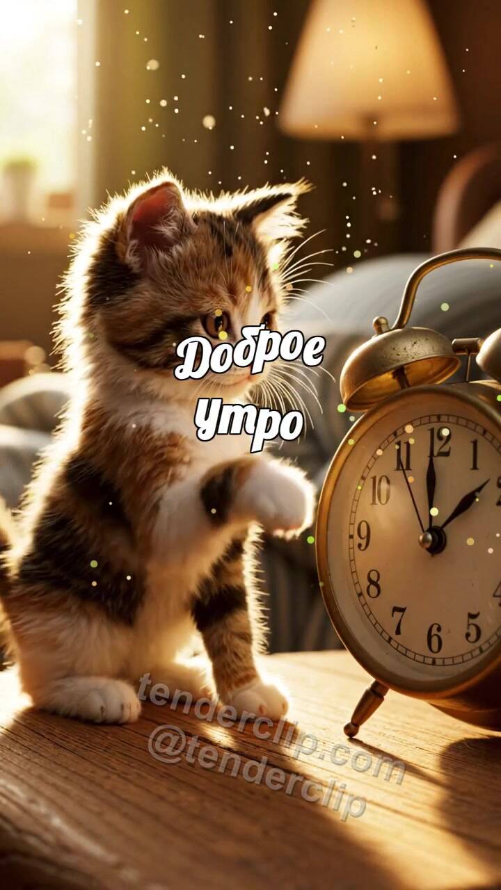 Анимационная открытка на тему Доброе утро: котёнок будит будильник