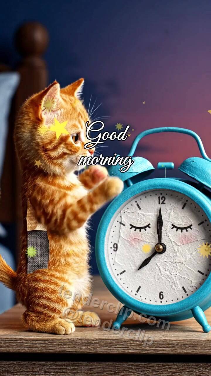 Animated greeting card about Good morning: a kitten wakes the alarm clock