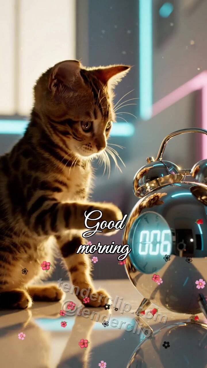 Animated greeting card about Good morning: a kitten wakes the alarm clock