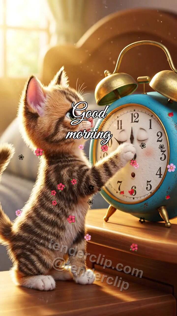 Animated greeting card about Good morning: a kitten wakes the alarm clock