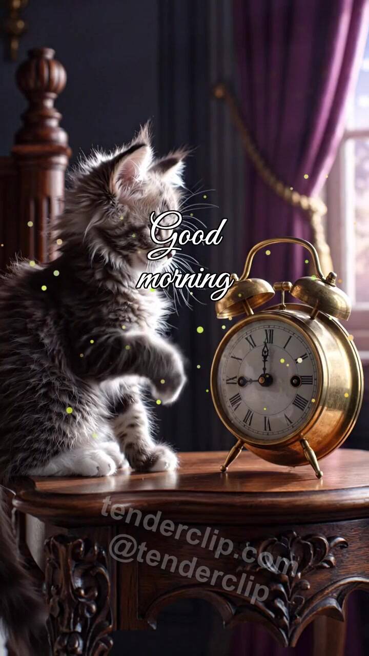 Animated greeting card about Good morning: a kitten wakes the alarm clock