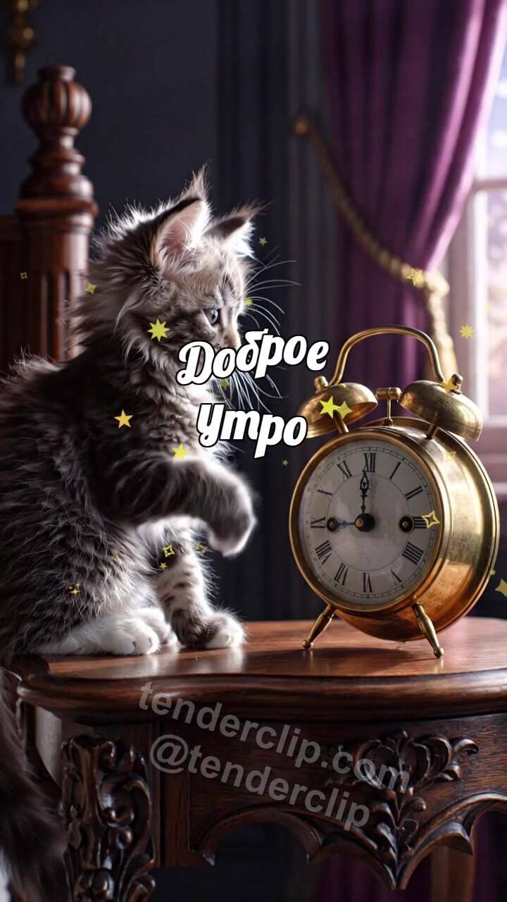 Анимационная открытка на тему Доброе утро: котёнок будит будильник