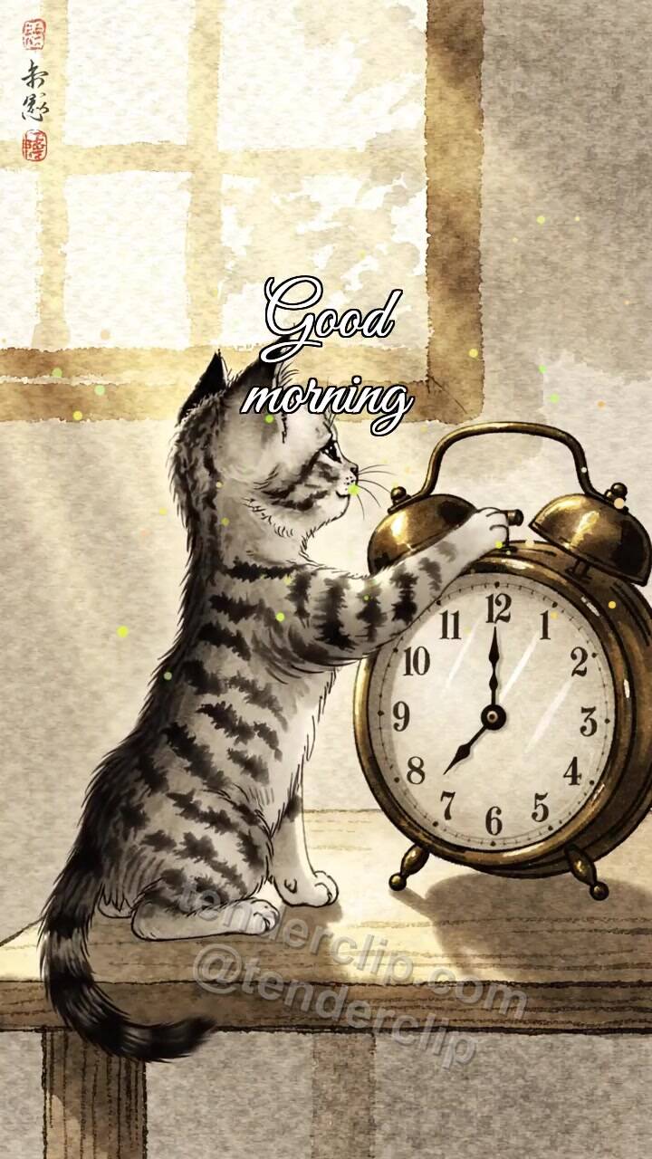 Animated greeting card about Good morning: a kitten wakes the alarm clock