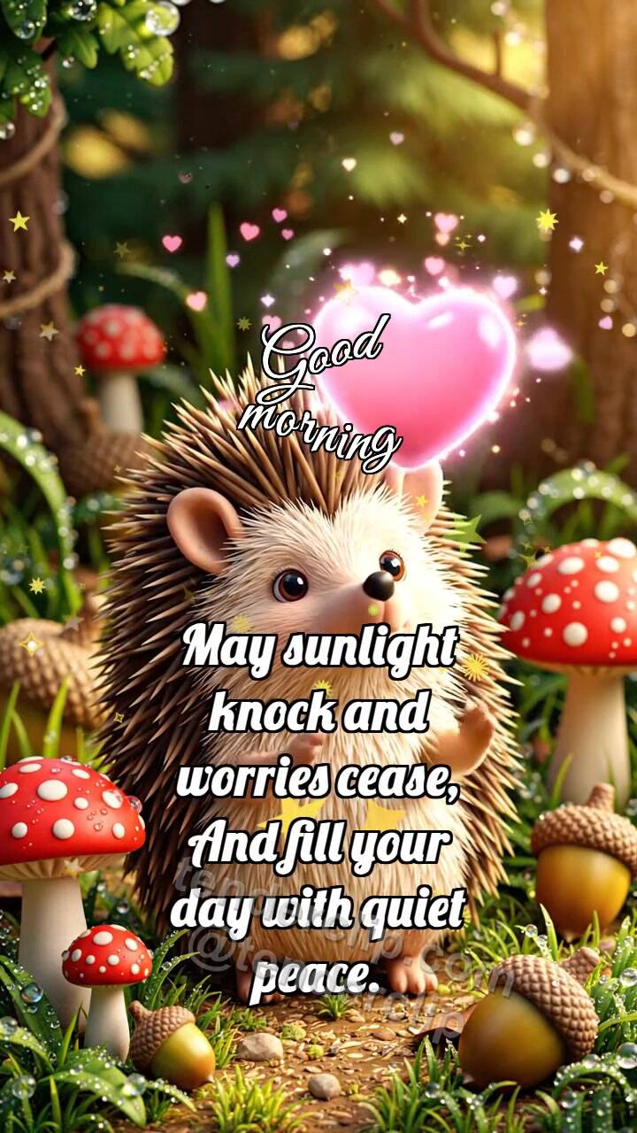 Animated greeting card about Good morning: Hedgehog Catches Kiss