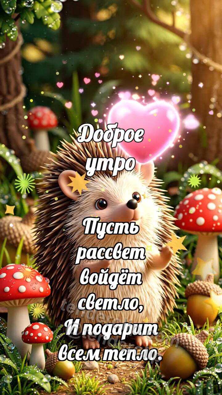 Анимационная открытка на тему Доброе утро: Ёжик ловит воздушный поцелуй