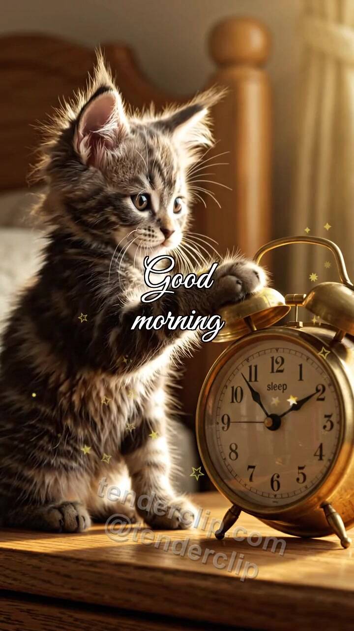 Animated greeting card about Good morning: a kitten wakes the alarm clock