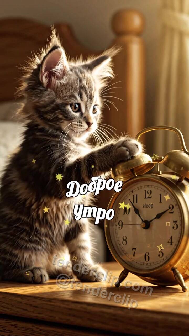 Анимационная открытка на тему Доброе утро: котёнок будит будильник
