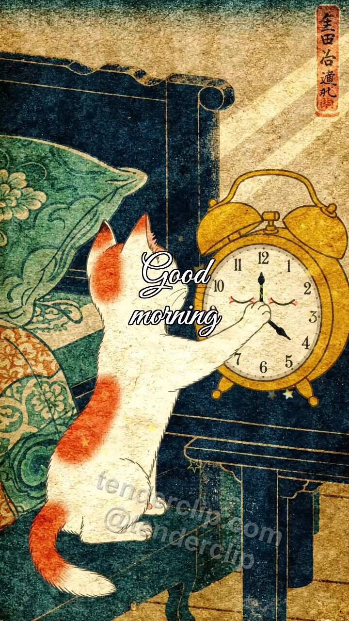 Animated greeting card about Good morning: a kitten wakes the alarm clock