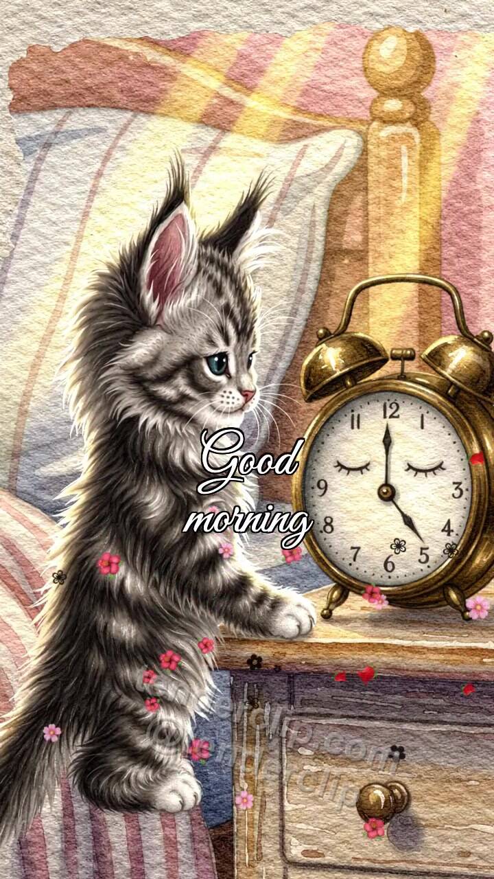Animated greeting card about Good morning: a kitten wakes the alarm clock