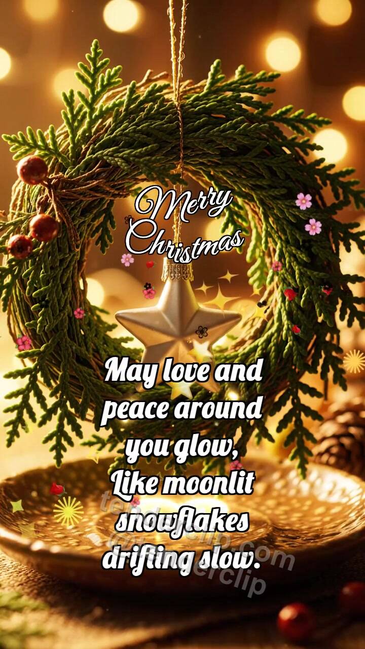 Animated greeting card about Merry Christmas: Cedar Wreath Rocks Star