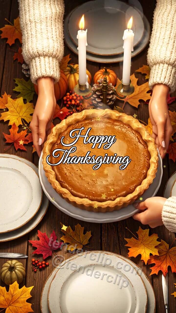 Animated greeting card about Happy Thanksgiving: pumpkin pie lands at the table center