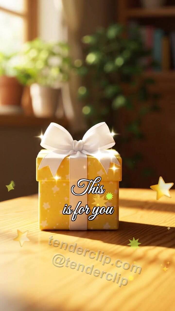 Animated greeting card about This is for you: small gift moves toward camera