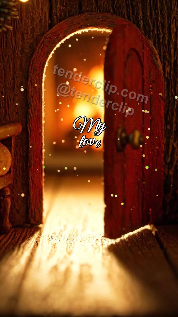 Animated greeting card about My love: little door opens warm light