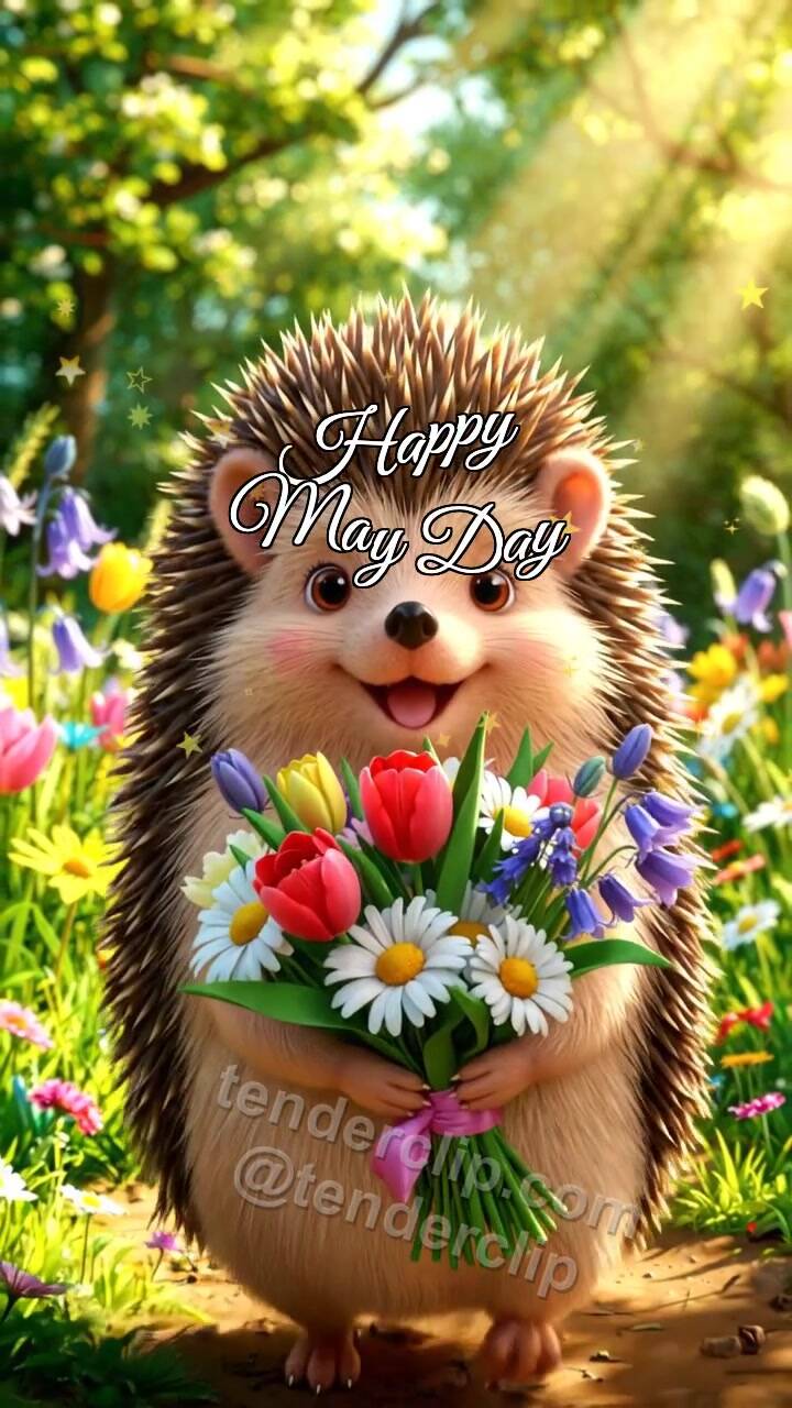 Animated greeting card about Happy May Day: Hedgehog Brings May Bouquet