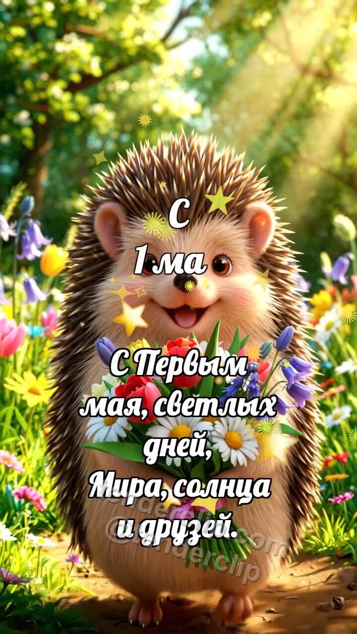 Анимационная открытка на тему С 1 мая: Ёжик несёт букет мая