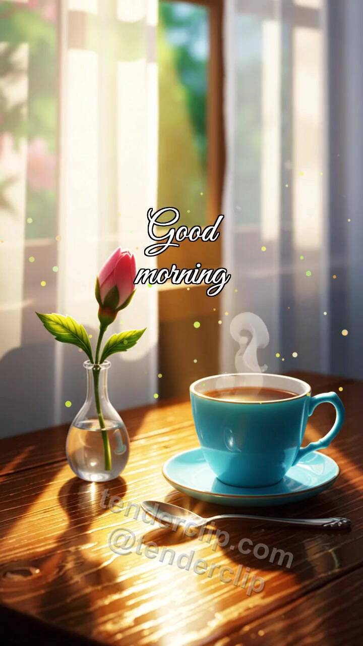 Animated greeting card about Good morning: sunbeam wakes a cup