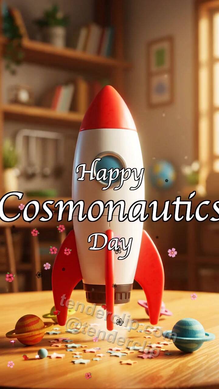 Animated greeting card about Happy Cosmonautics Day: toy rocket lifts from a table