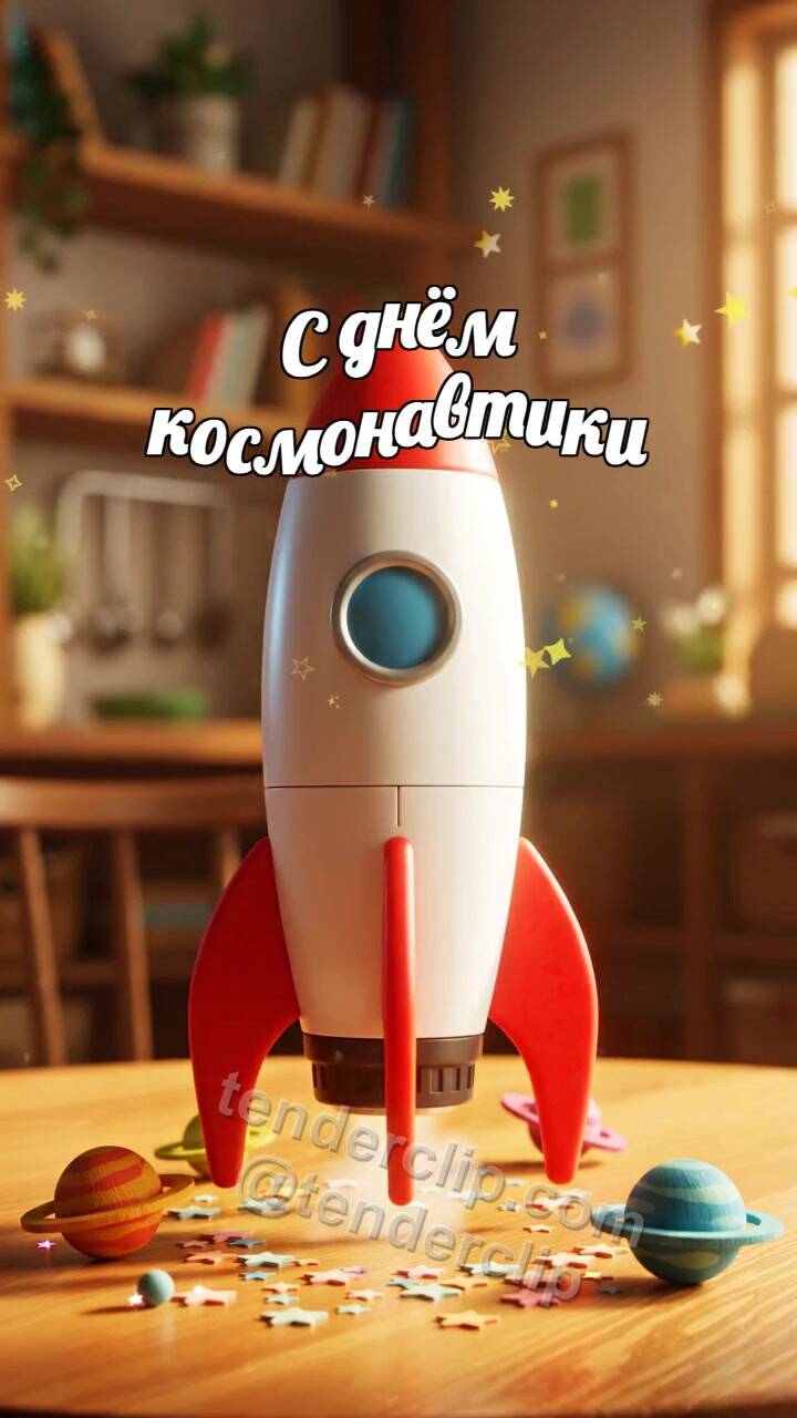 Анимационная открытка на тему С днём космонавтики: игрушечная ракета взлетает со стола